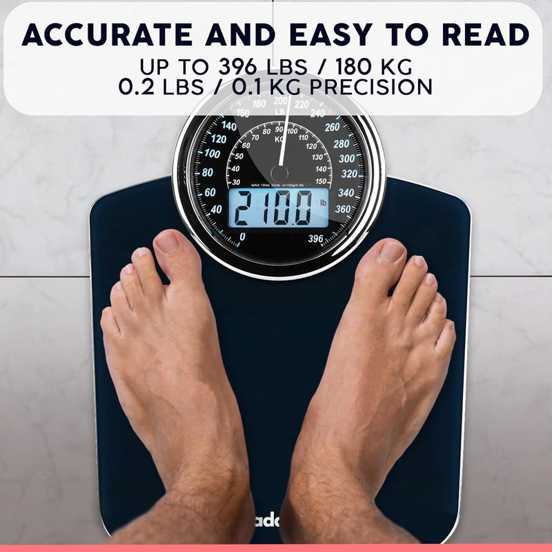 Adamson Hybrid 2-in-1 Analog & Digital Weighing Scale for Body Weight up to 400lbs - Thick Tempered Glass - Extra Large Display - Easy to Read Digital Bathroom Scale - Blue with Black Backlight - Image 4